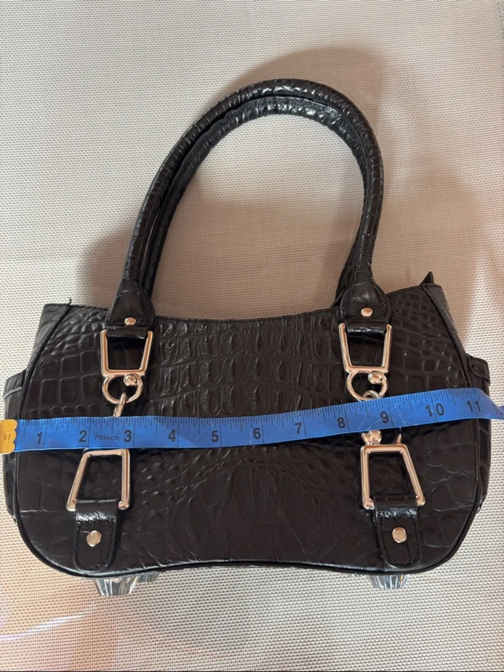 Debbie Brooks Black Croc-Embossed Women's Handbag with Gold Floral Accent